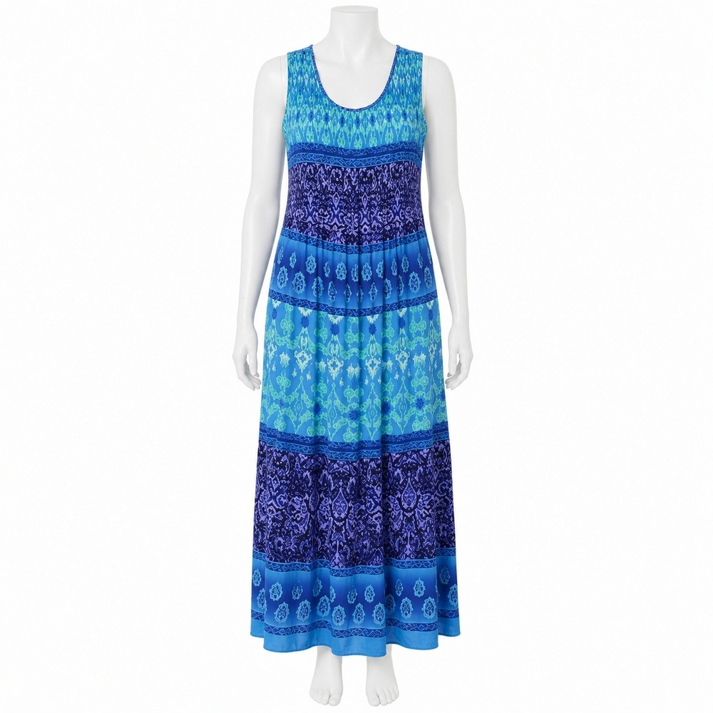 R&K Originals Boho Maxi Dress Blue Border Print Resort Women 10 Rayon Sleeveless